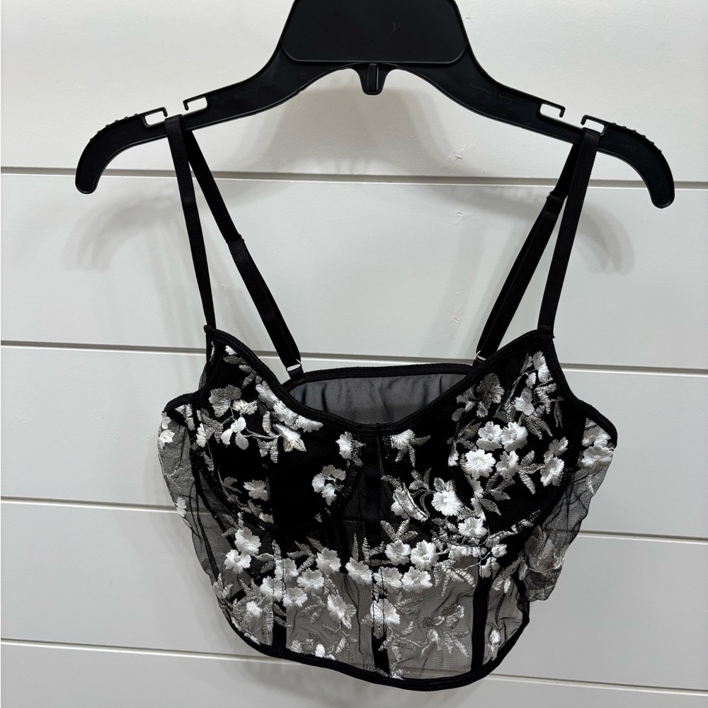 Floral Embroidered Sheer Black Corset Top